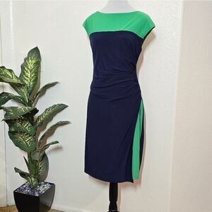 "Chaps" elegant dress, dark navy blue and green. Size 12.